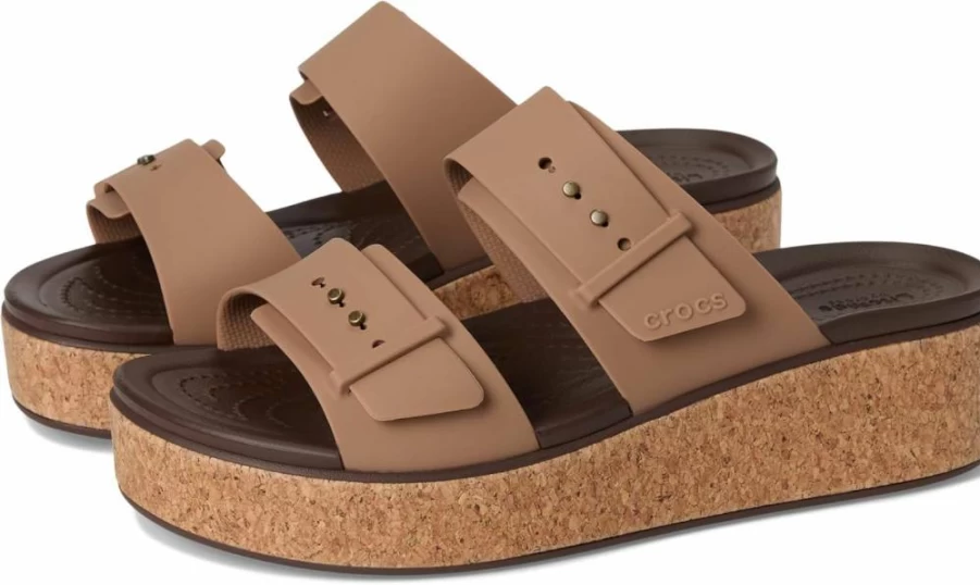 Crocs Women's Brooklyn Wedge Sandals with Cork Detail and Buckle Closure